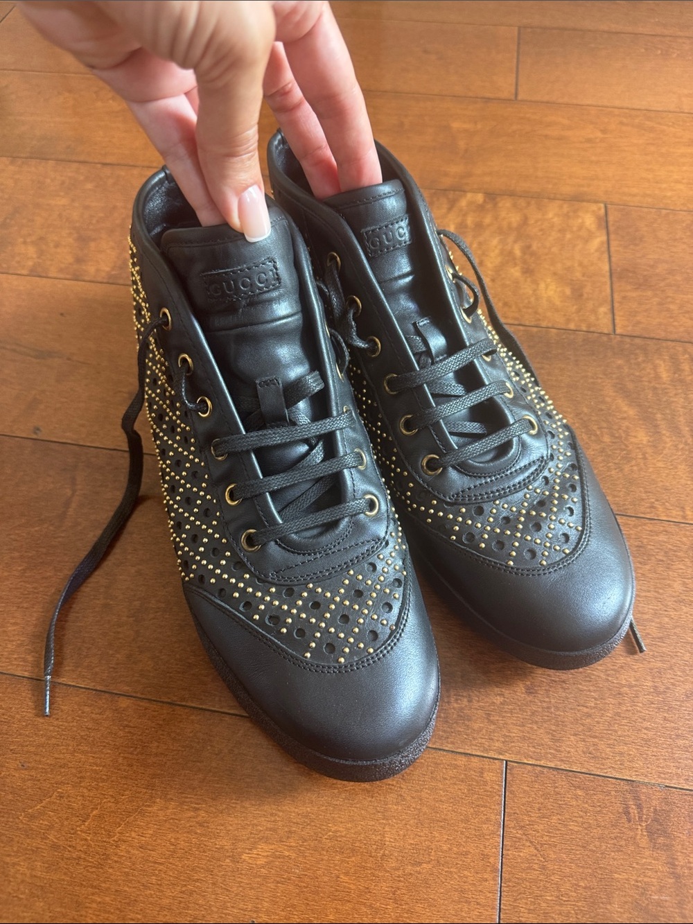 Gucci Black Leather Studded High-Top Sneakers with Gold Hardware